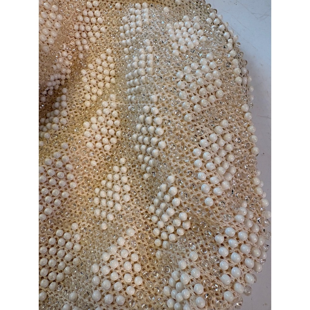 Vintage Beaded Wristlet Clutch Cream White Diamond Pattern Evening Bag 5.5" - Picture 5 of 8